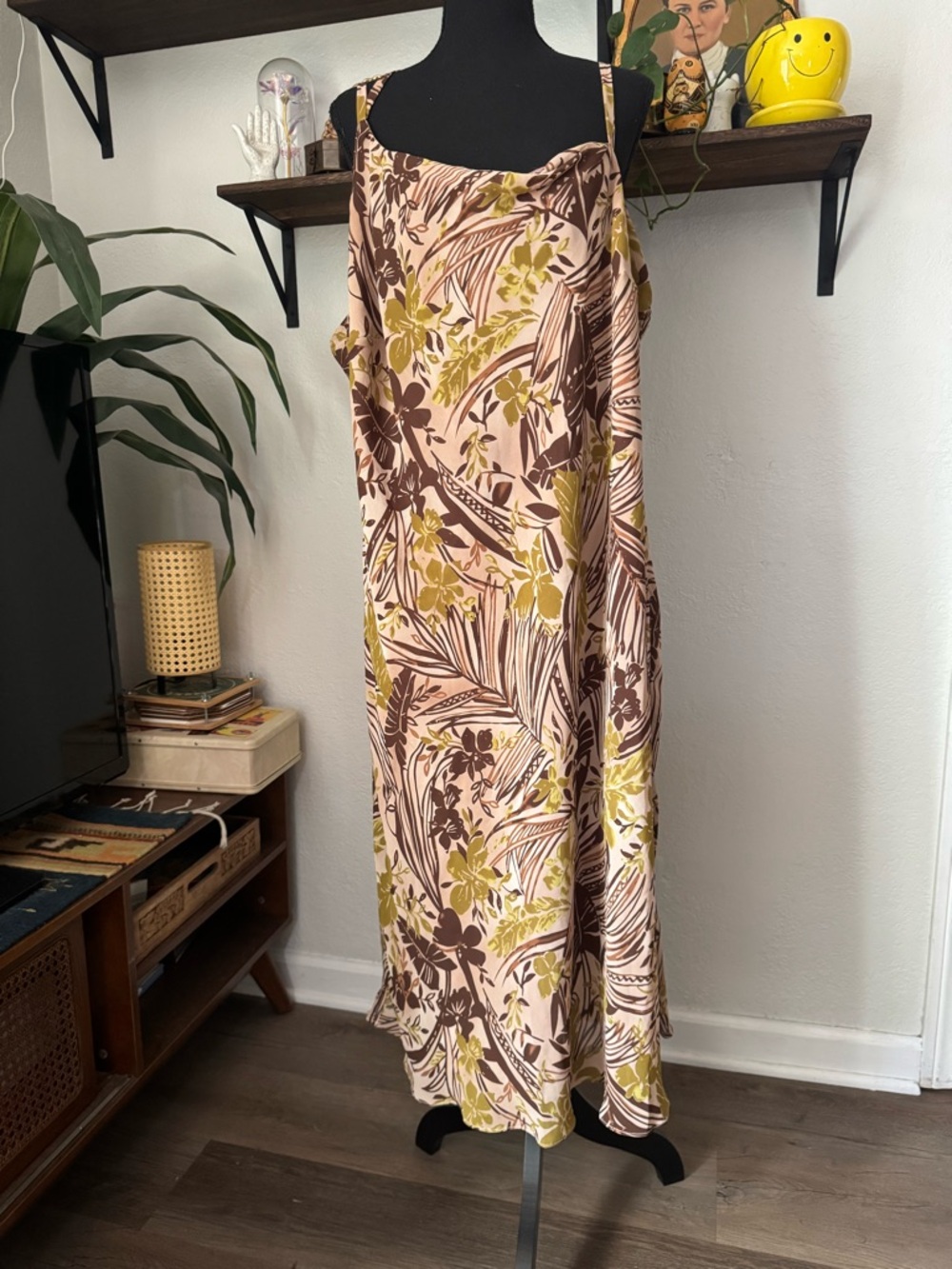 Vintage Plus Size Y2K Ashley Stewart  Strappy Tropical Foliage Slip Sun Dress
